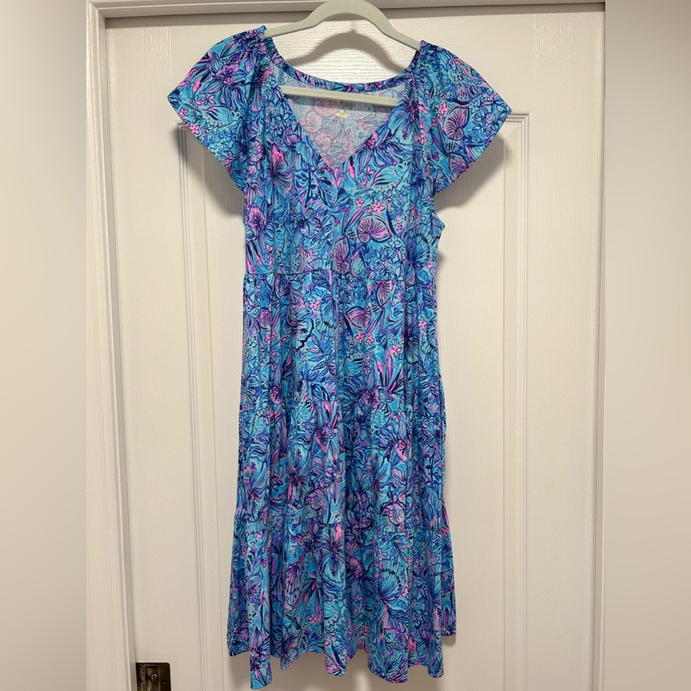 Lilly Pulitzer Kawai Flutter Sleeve Dress Breakwater Blue Shells N Bells
